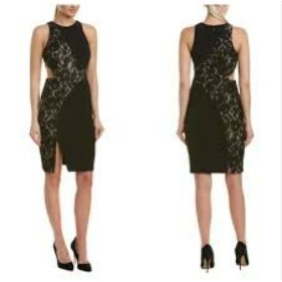 NWT Aidan Mattox Black Nude Crepe Lace Cutout Cocktail Dress Sz 14 - Picture 1 of 10